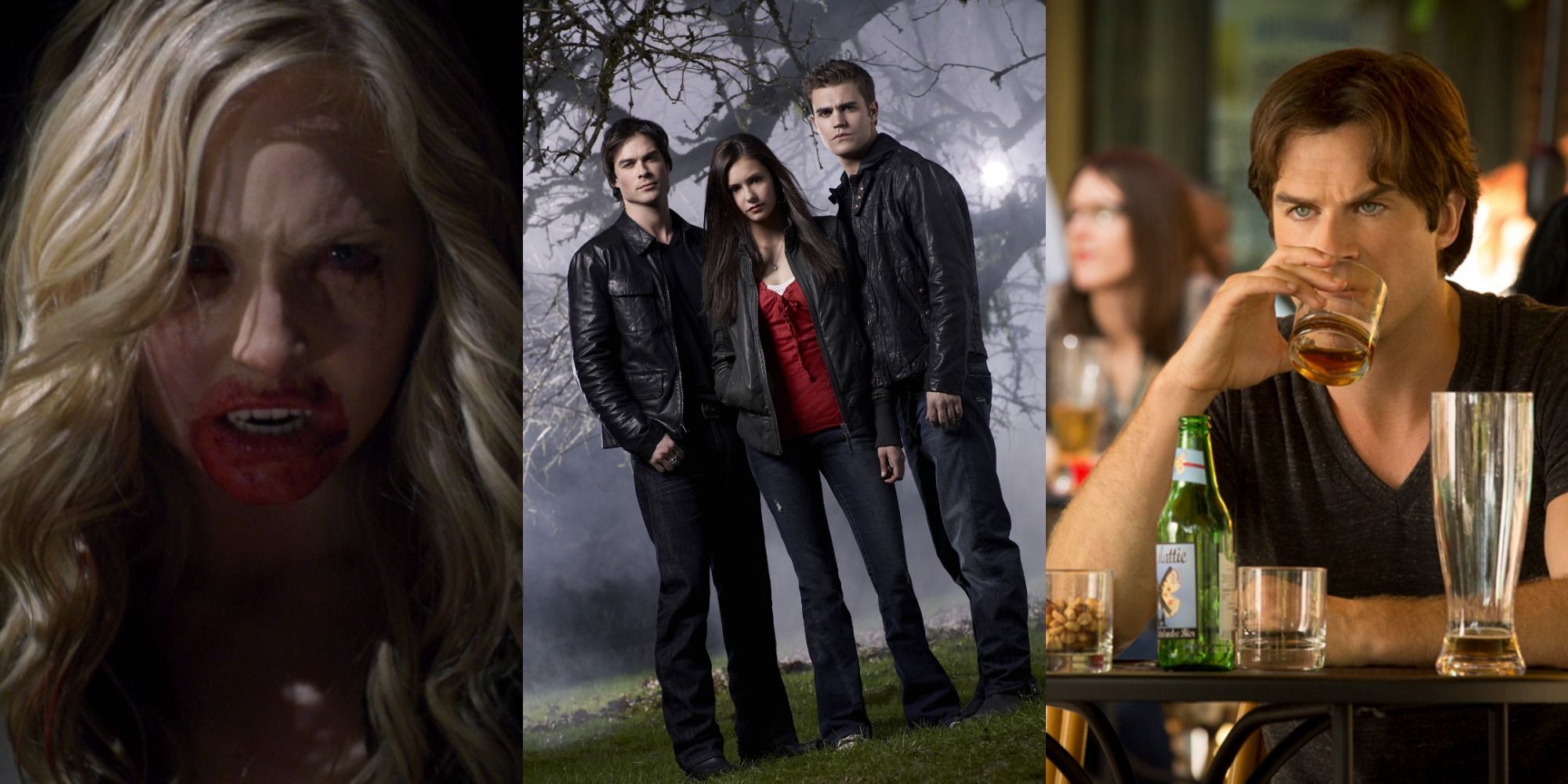 Split image of vampire Caroline, Damon, Elena and Stefan, and Damon drinking in TVD