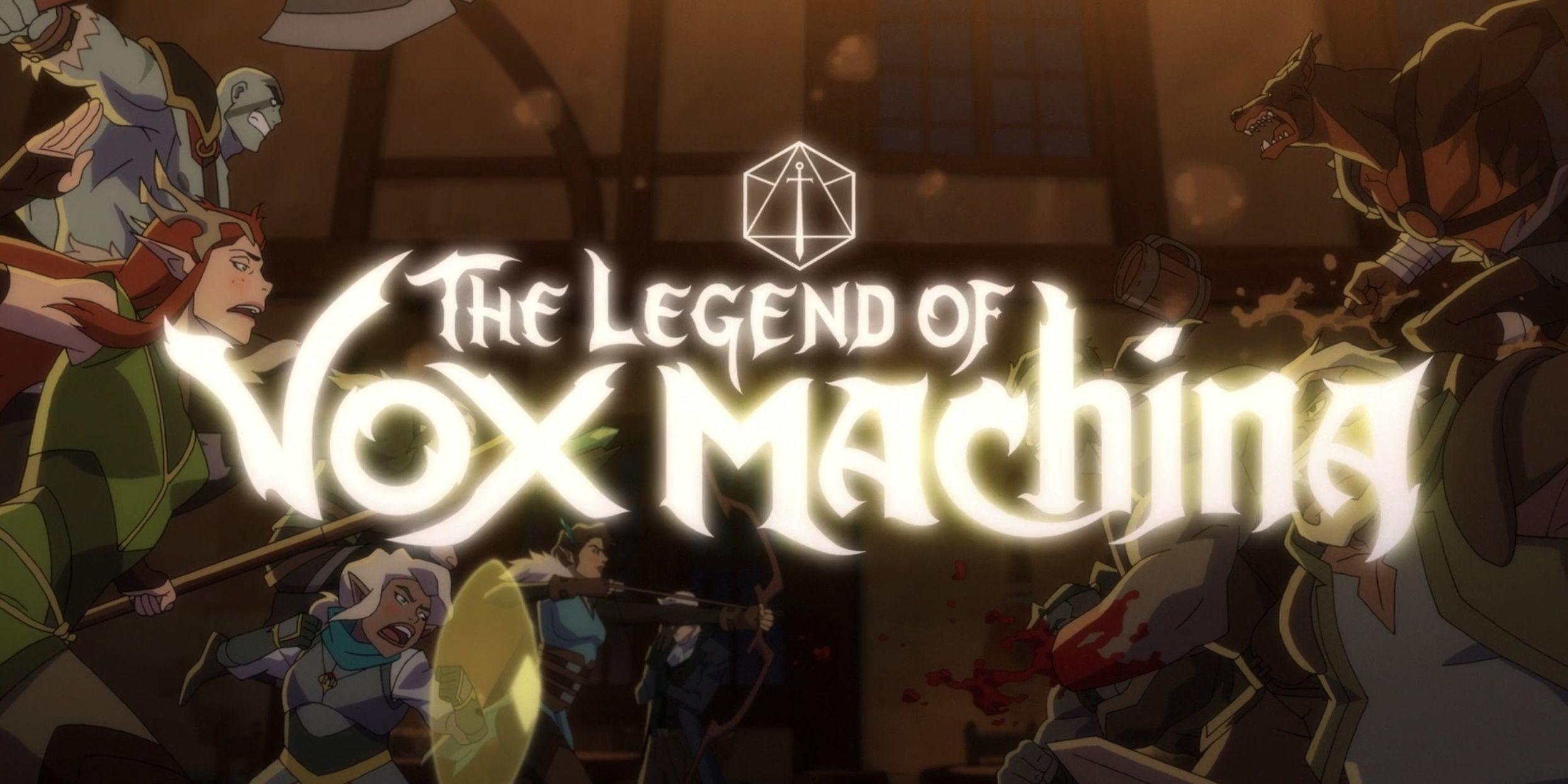 The legend of Vox Machina title card hangs over the group at a bar fight
