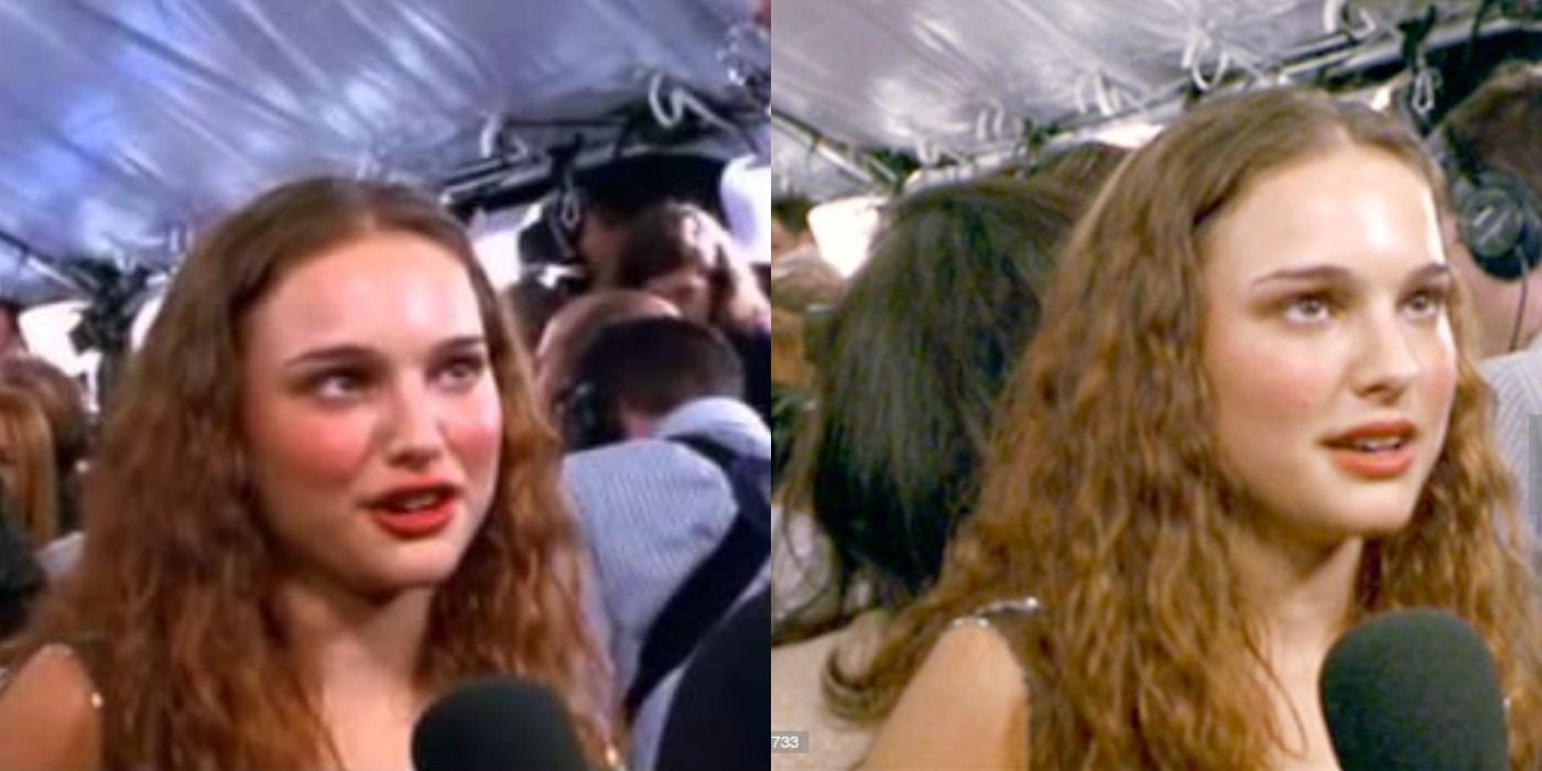 Split image of Natalie Portman being interviewed in Zoolander.