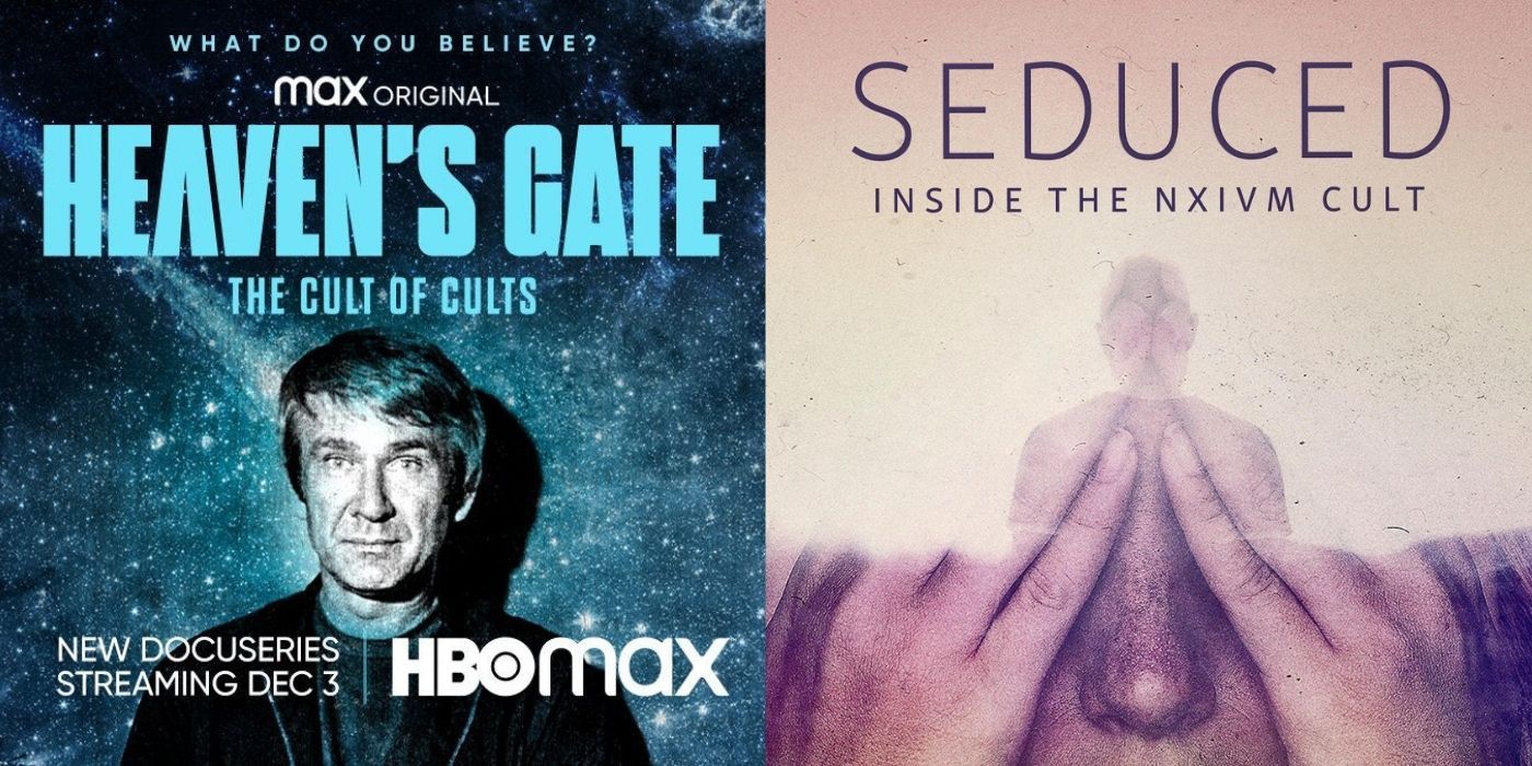 Split image of posters for Heaven's Gate The Cult of Cults and Seduced Inside The Nxivm Cult