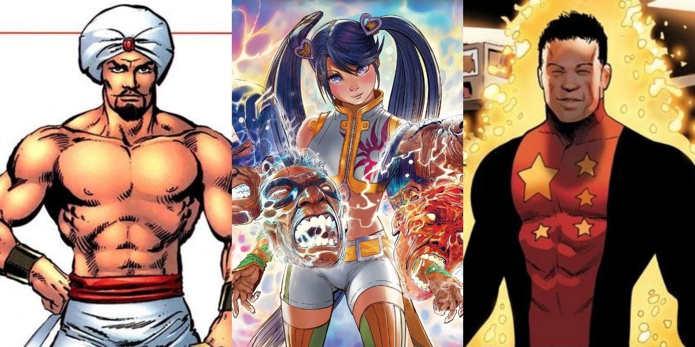 Split image of Arabian Knight, Radiance, and Collective Man from Marvel comics