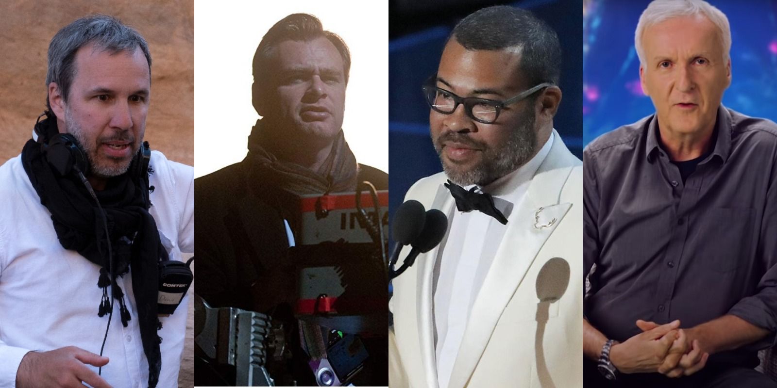 Split image of Denis Villeneuve, Christopher Nolan, Jordan Peele, and James Cameron