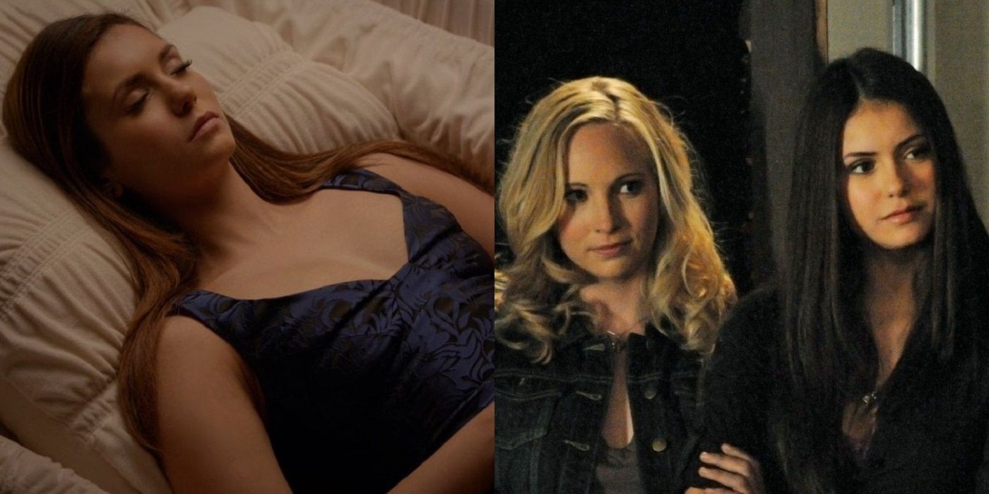 Split image of Elena asleep and Elena with Caroline in The Vampire Diaries