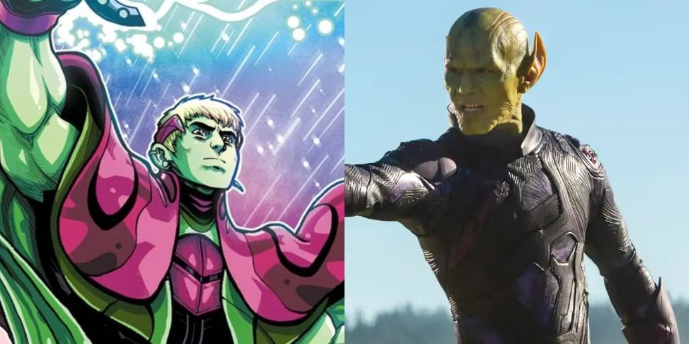 A collage of Marvel's Emperor Hulkling wielding a sword, while a Skrull beside him stands and points in his direction.