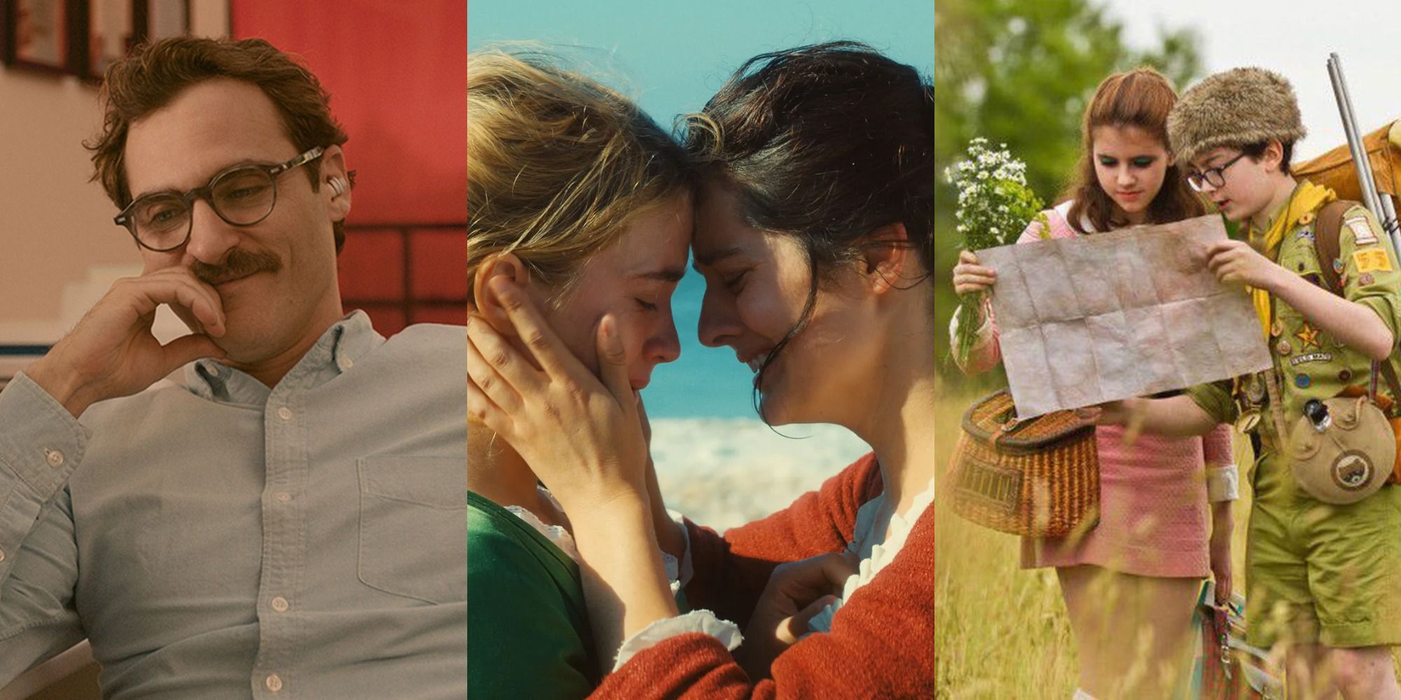 Stills from Her, Portrait of a Lady on Fire, and Moonrise Kingdom