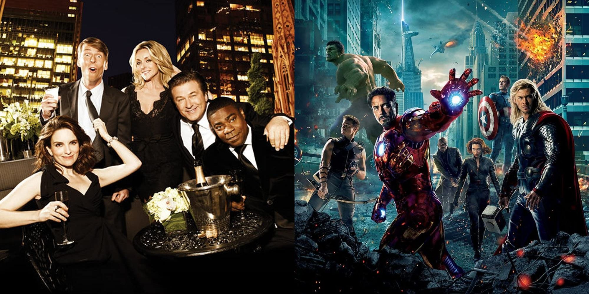 Split image showing the casts of 30 Rock and The Avengers.