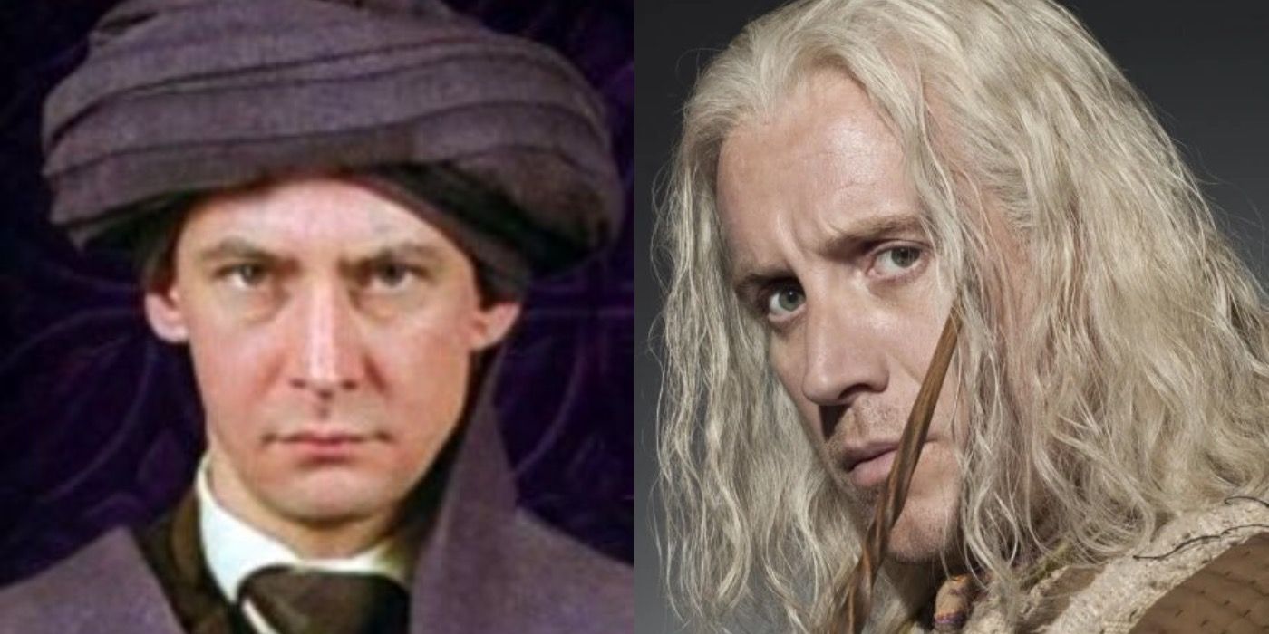 Professor Quirrell stares nervously at the camera, and Xenophilius Lovegood looks battle ready with his wand drawn defensively across his face.