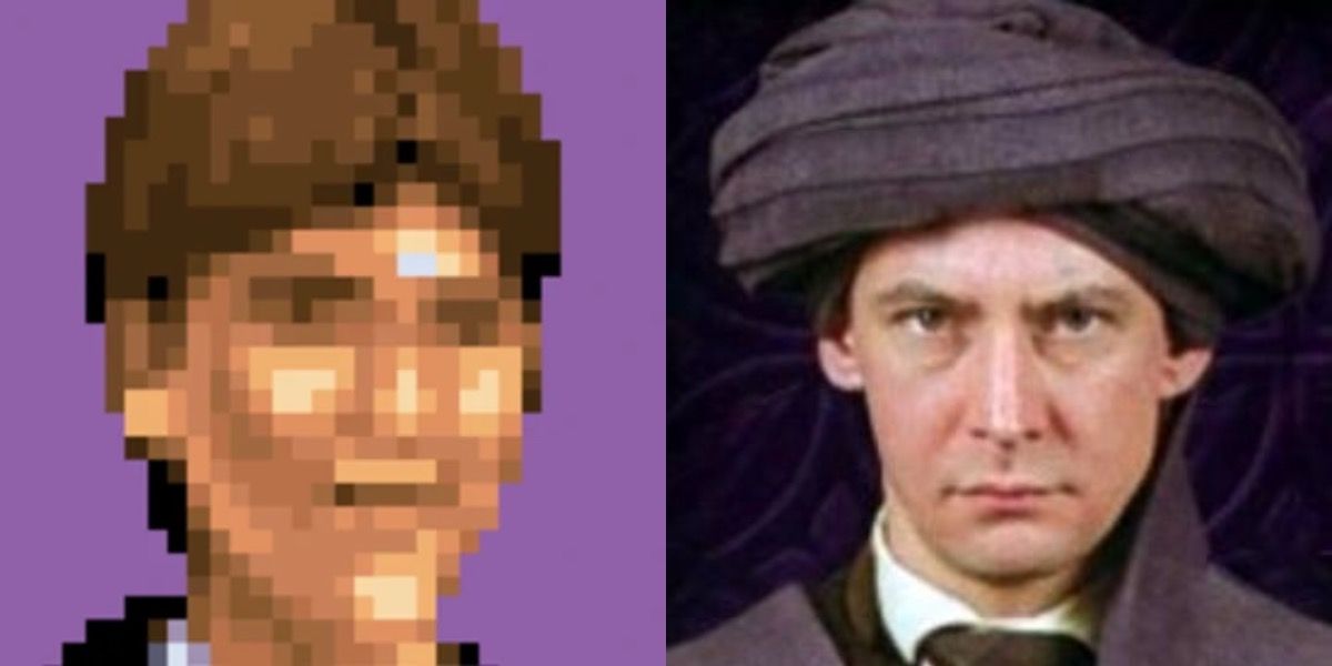 Bezoar Boy stares straight ahead in the Philosopher’s Stone videogame, and Professor Quirrell looks nervous in front of a black background.
