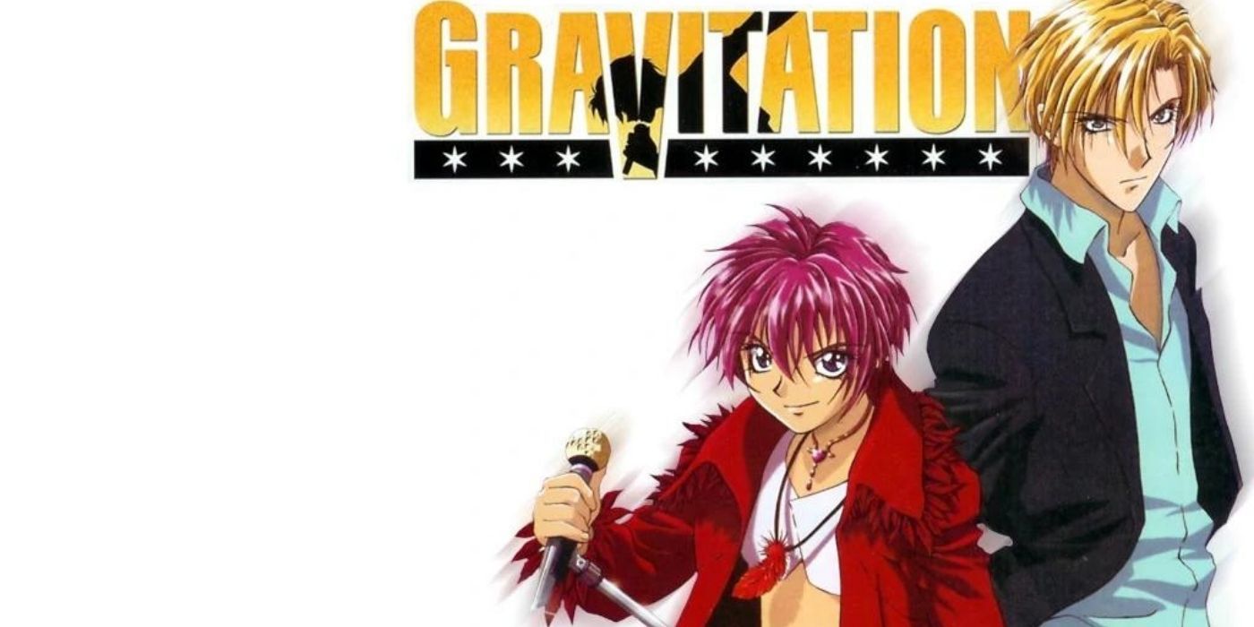 A boy looking seriously while another boy holding a mic and smiling in Gravitation