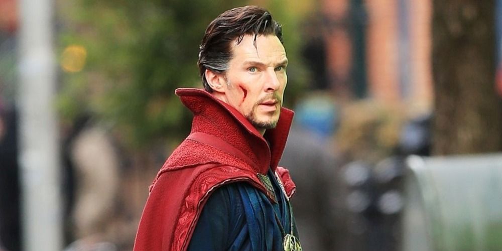 A close up Doctor Strange looking concerned in Spider-Man No Way Home