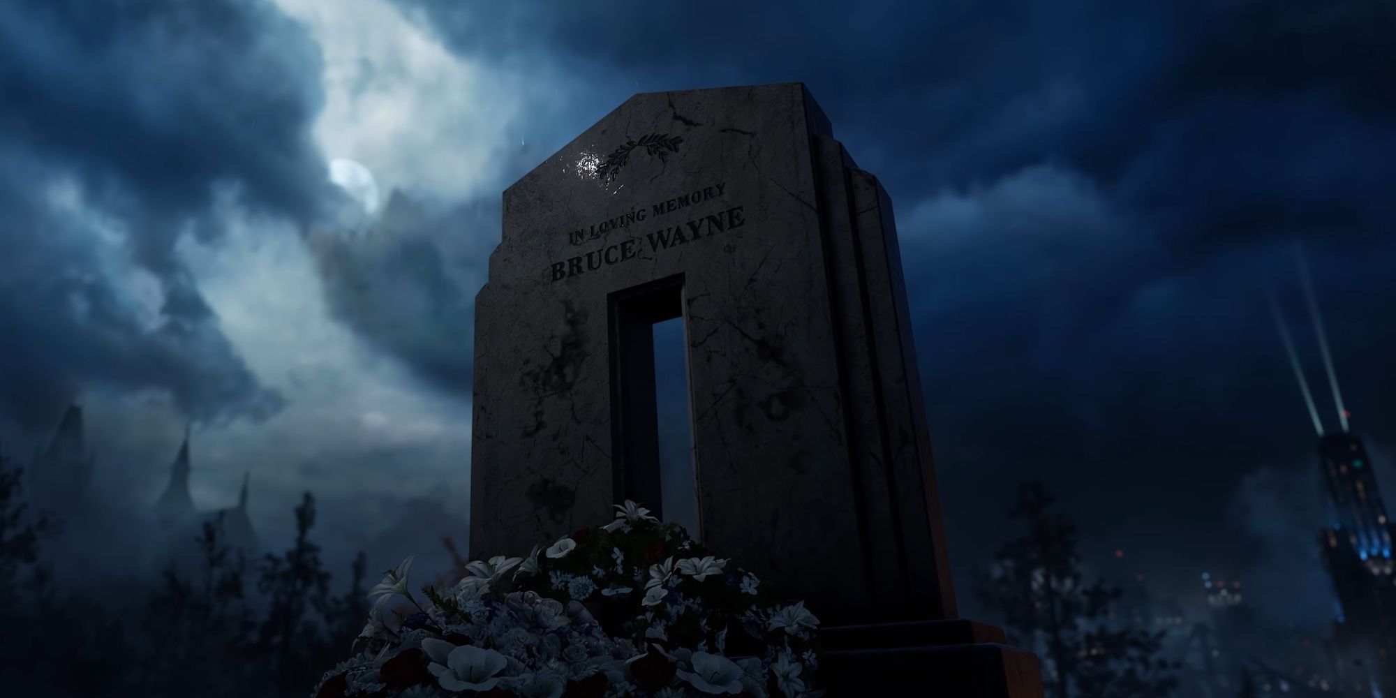 A closeup of Bruce Wayne's gravestone in Gotham Knights