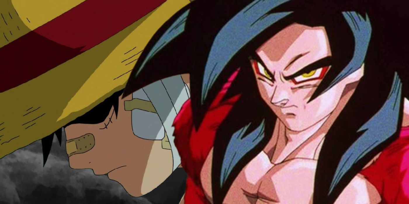 A collage of Super Saiyan 4 Goku and a sad Luffy.