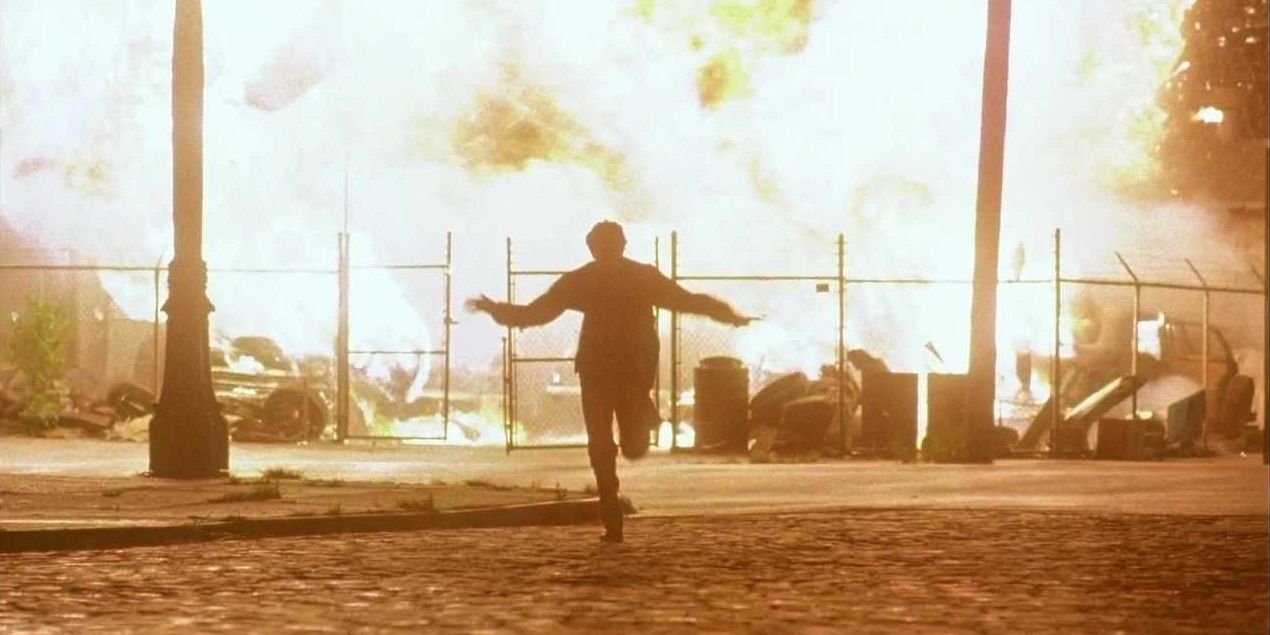 A freeze frame of Henry blowing up cars in Goodfellas