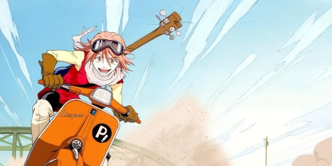 A girl riding a scooter with a guitar strung on her back in FLCL 