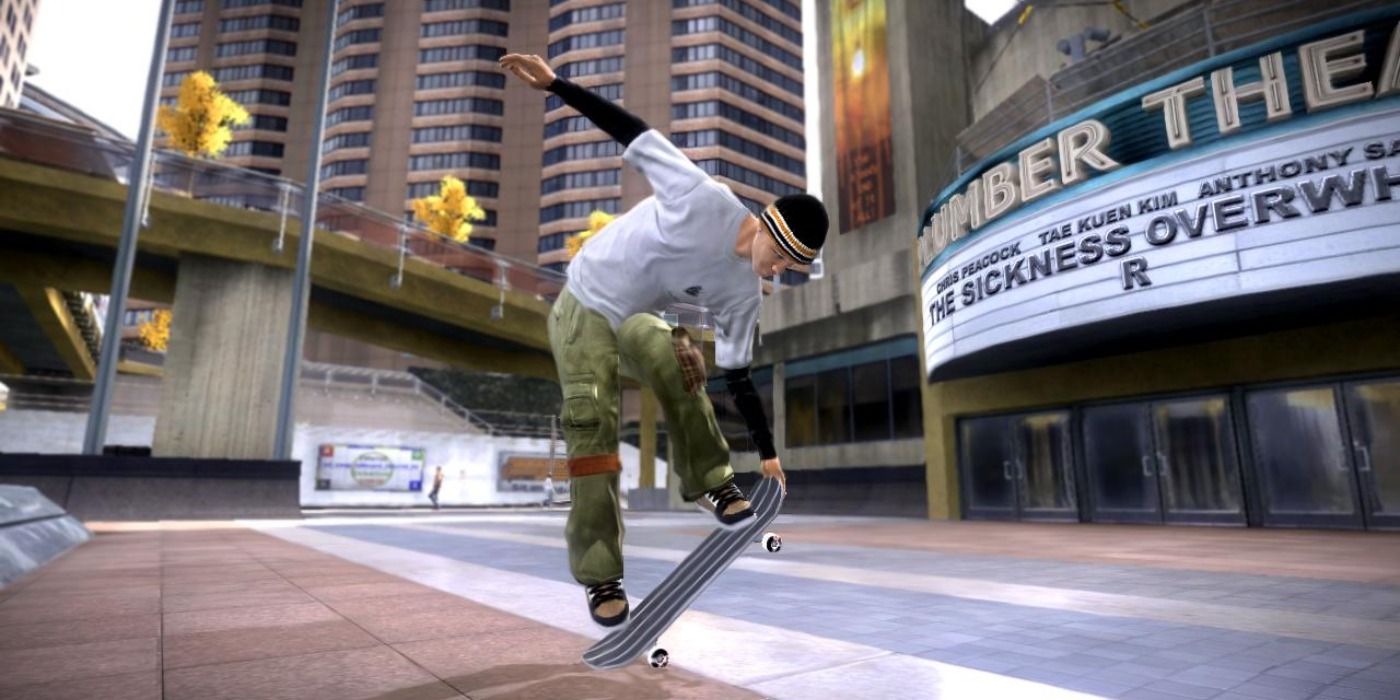 A skater pulling tricks outside a movie theatre in Tony Hawk's Proving Ground
