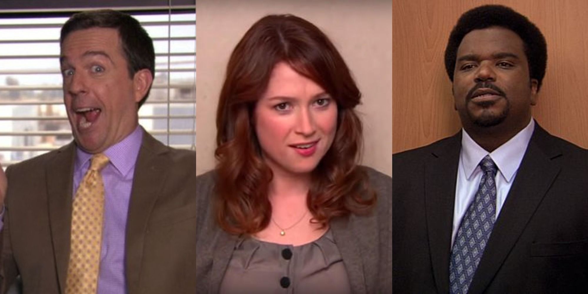 Una imagen dividida de Andy, Erin y Darryl en The Office