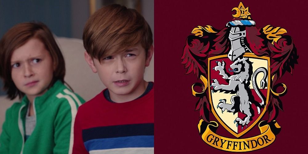 A split image of Billy and Tommy looking concerned in WandaVision and the Gryffindor logo