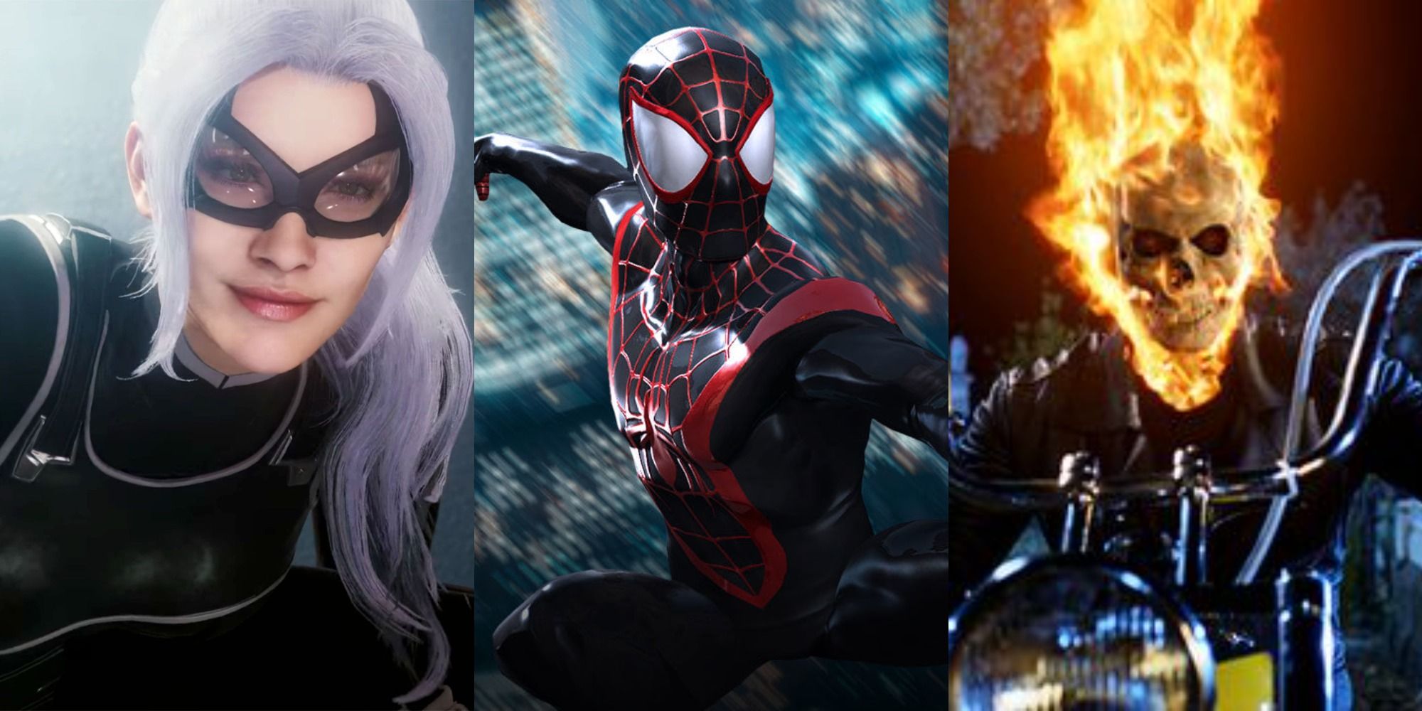 A split image of Black Cat, Miles Morales's Spider-Man, and Ghost Rider sitting on a motorbike