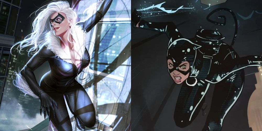 A split image of Black Cat swinging through the city and Catwoman diving off a building