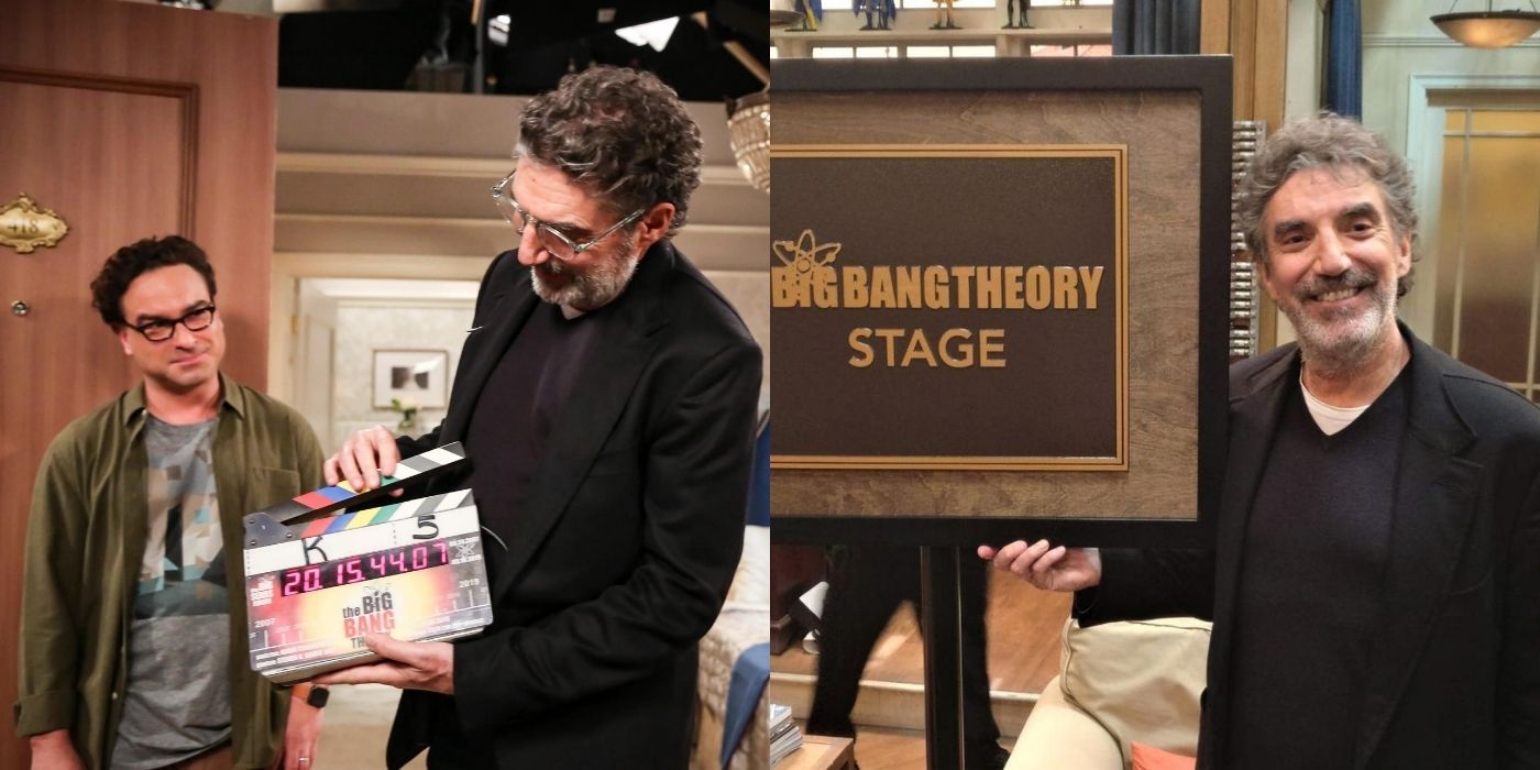 A split image of Chuck Lorre with Leonard from TBBT