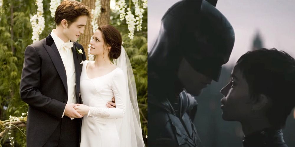 A split image of Edward and Bella smiling at each other in Twilight and Batman and Catwoman looking at each other