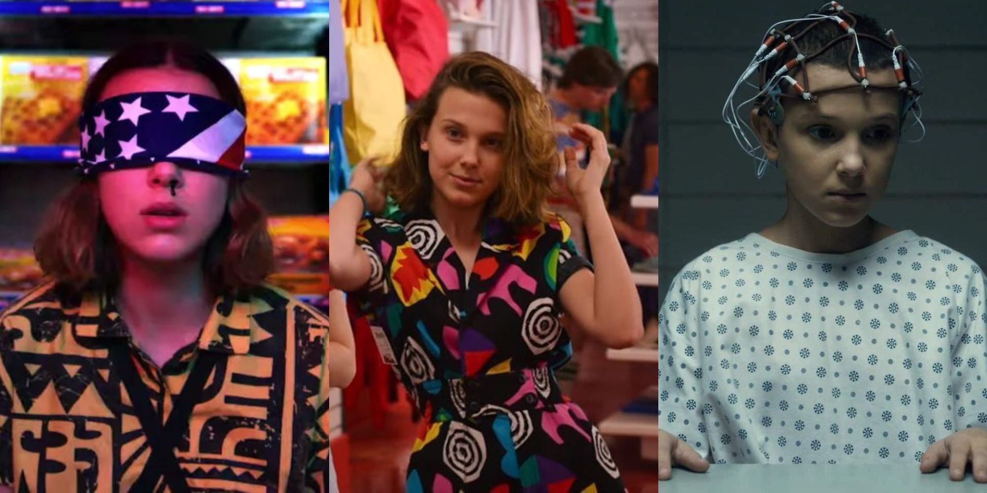 A split image of Eleven sitting in front of a fridge, shopping with Max, and wearing a hospital gown in Stranger Things