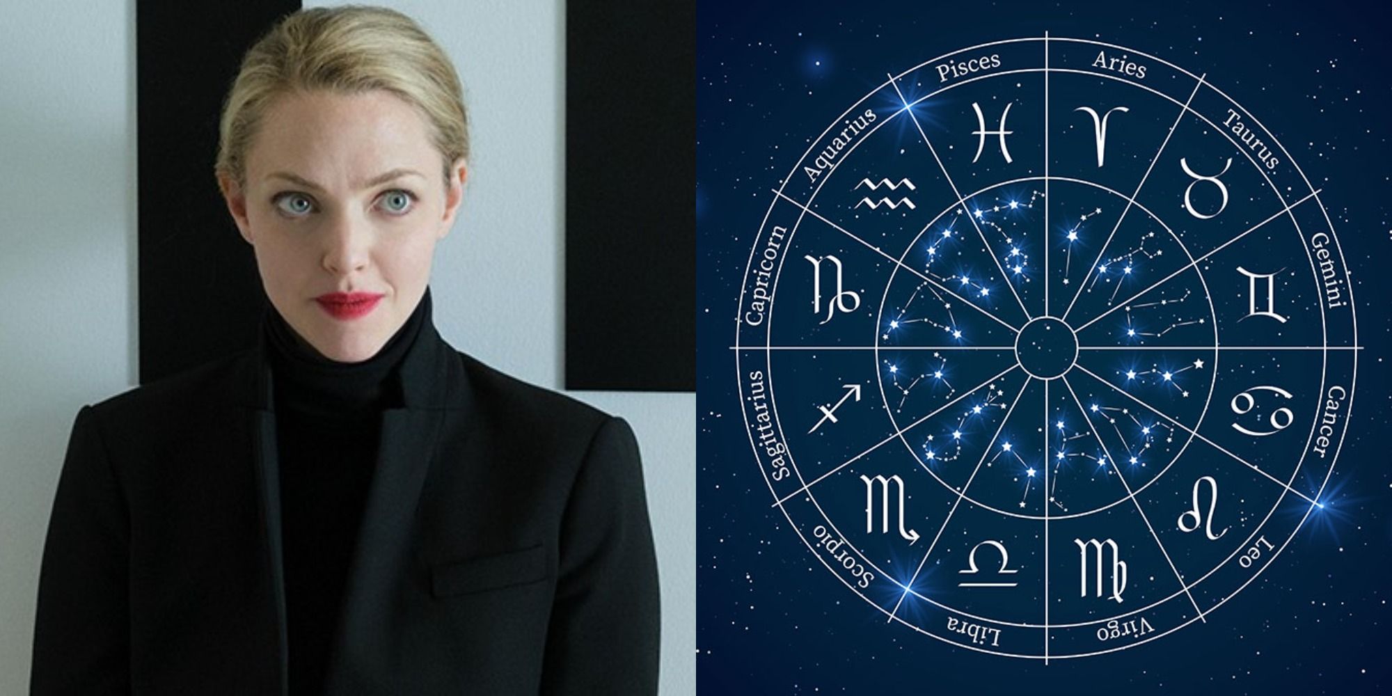 A split image of Elizabeth Holmes and the zodiac sign