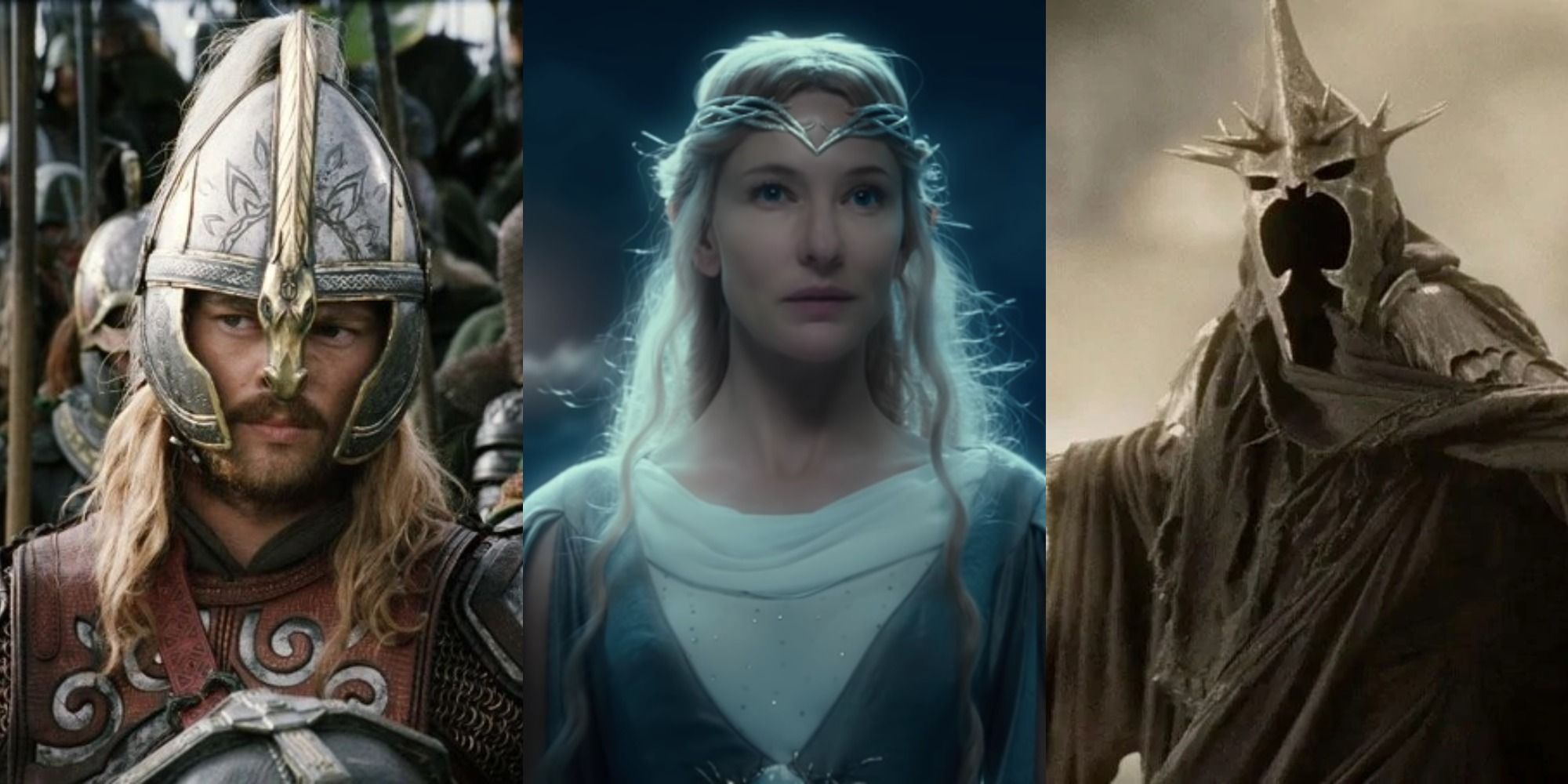 A split image of Eomer, Galadriel, and the Witch king in Lord of the Rings