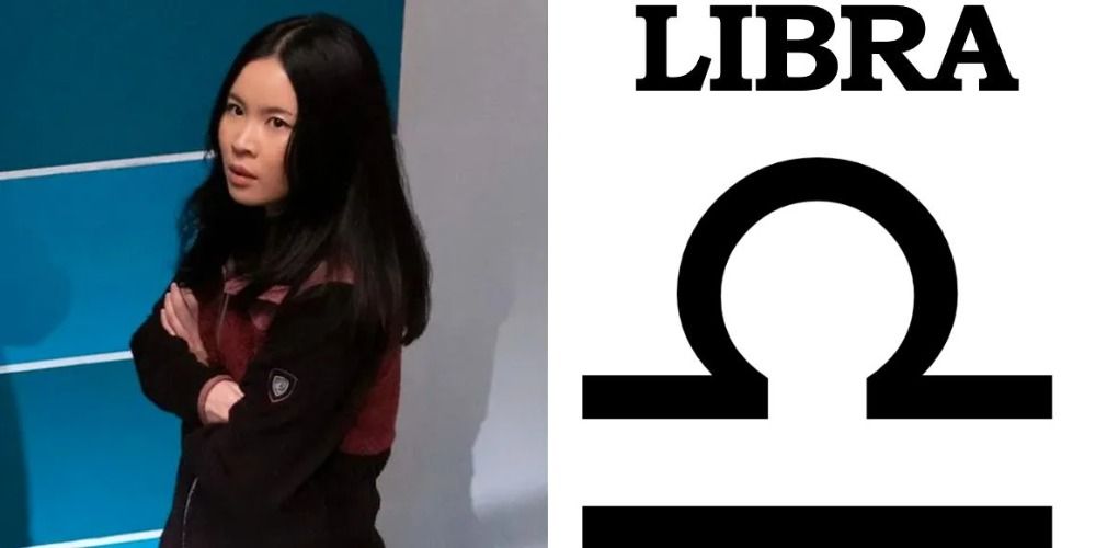 A split image of Erika Chung with her arms crossed and the Libra sign 