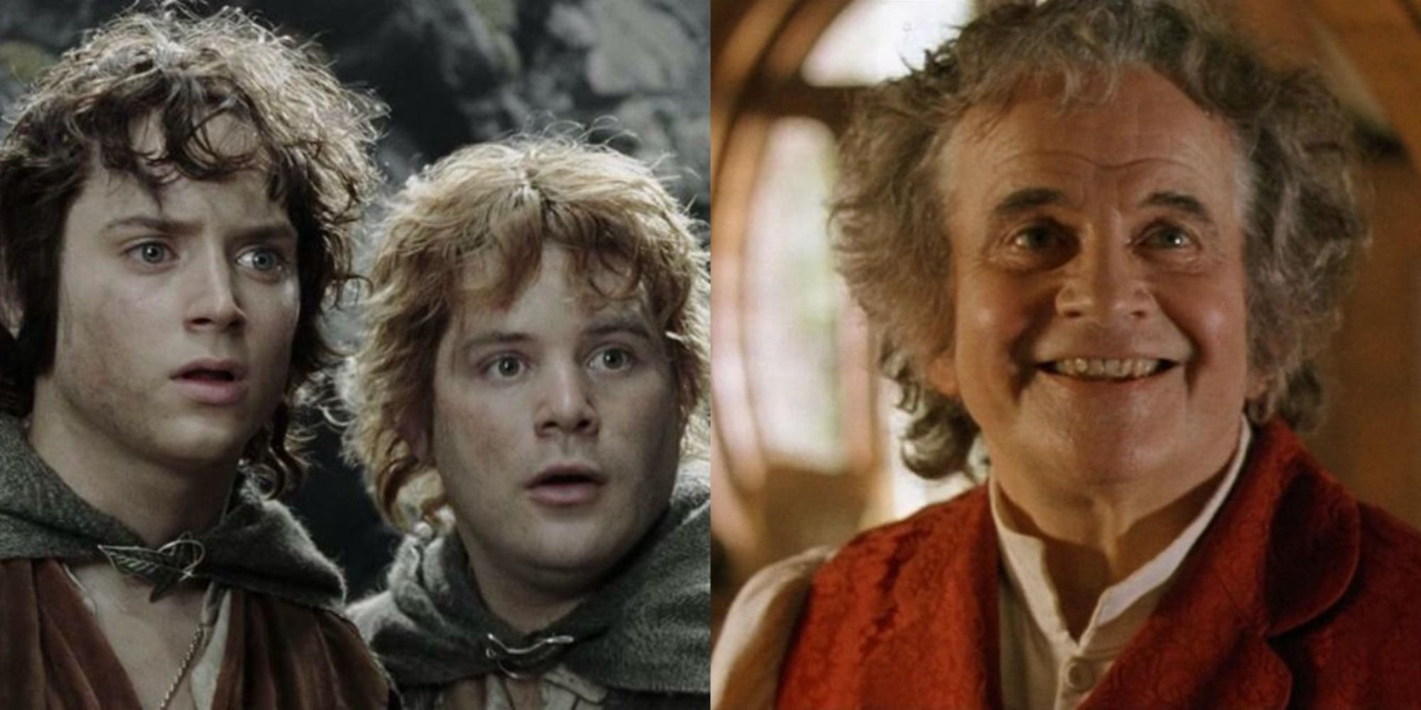 A split image of Frodo and Sam looking shocked and Bilbo laughing in LOTR