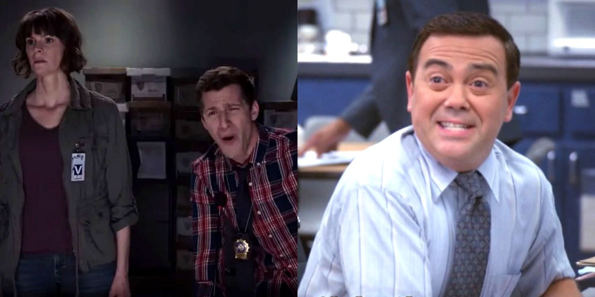A split image of Jake singing and Boyle looking excited in Brooklyn 99