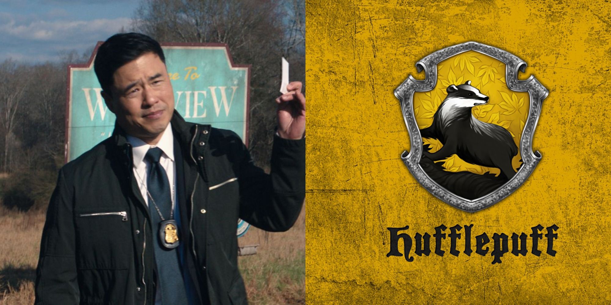 A split image of Jimmy holding a ticket and the Hufflepuff logo