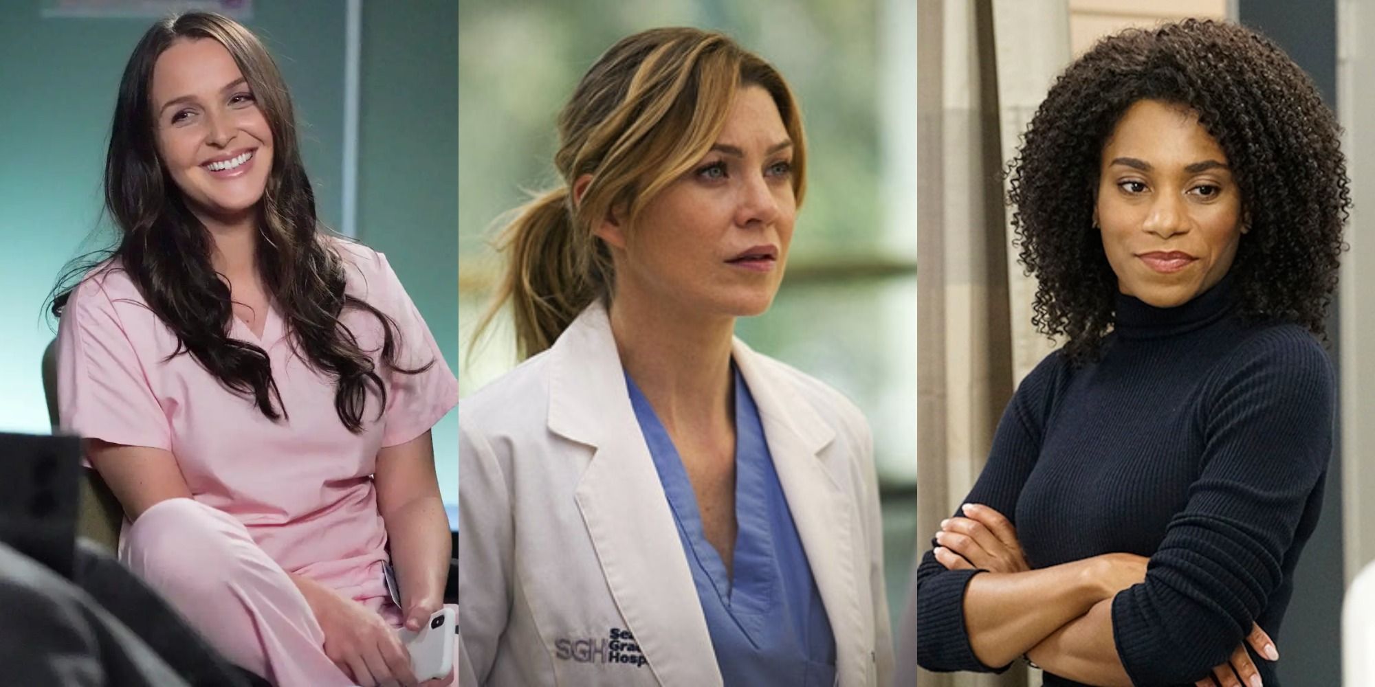 A split image of Jo, Meredith, and Maggie smiling in Grey's Anatomy