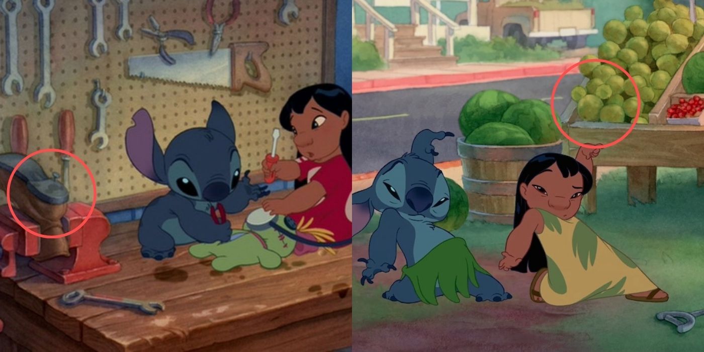A split image of Lilo and Stich with Mickey Mouse Easter eggs