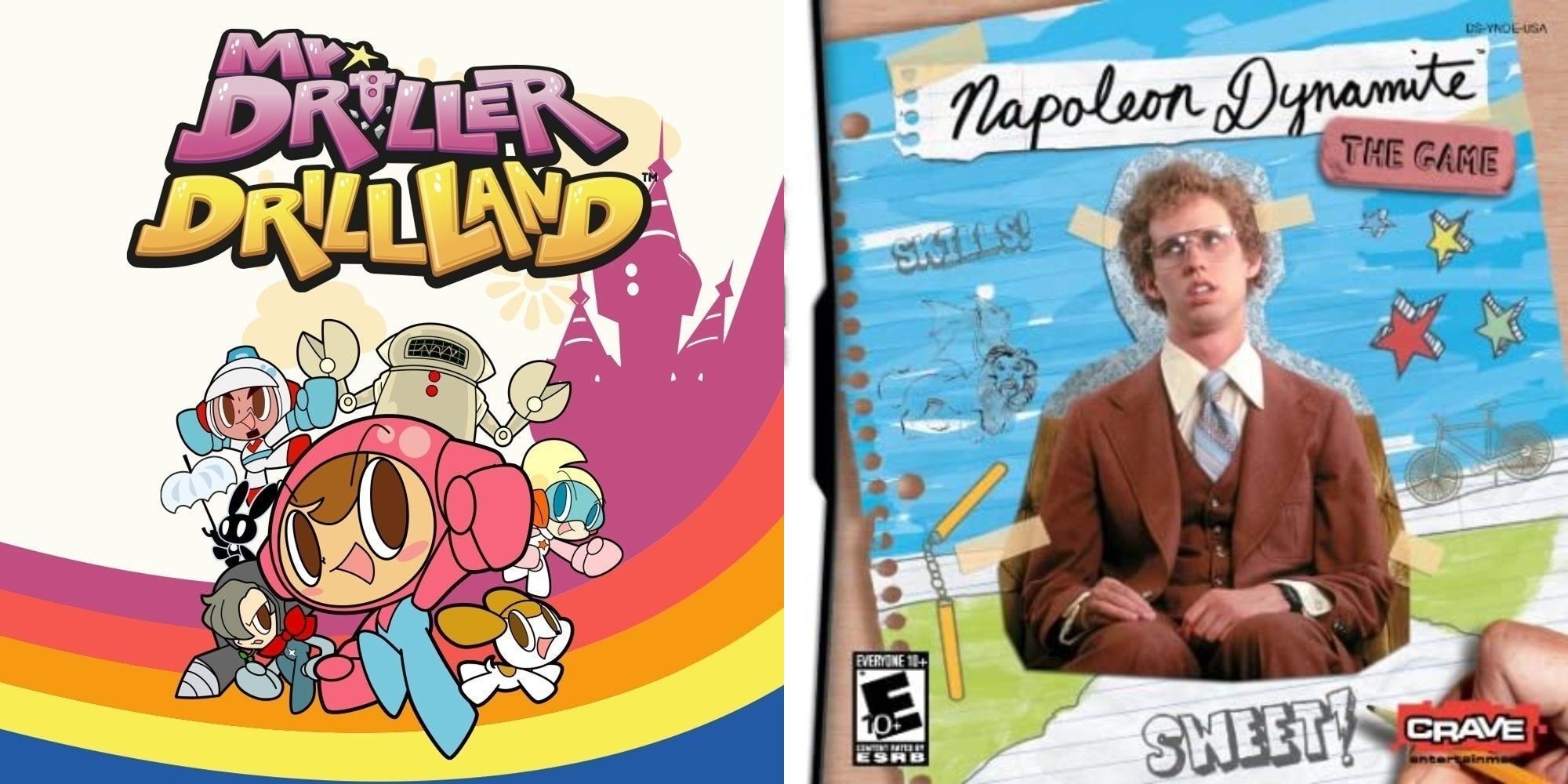 A split image of Mr Driller online and the front cover of the Napoleon Dynamite game