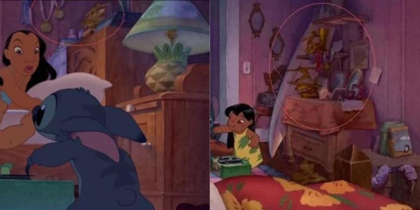 A split image of Nani's surfing trophies in Lilo & Stitch