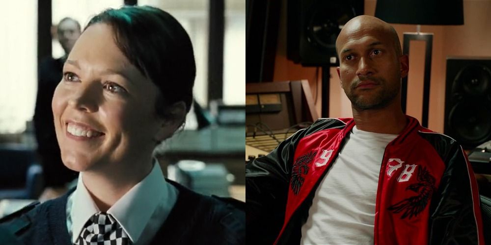 A split image of Olivia Colman smiling and Keegan Michael Key looking serious in Pitch Perfect 2