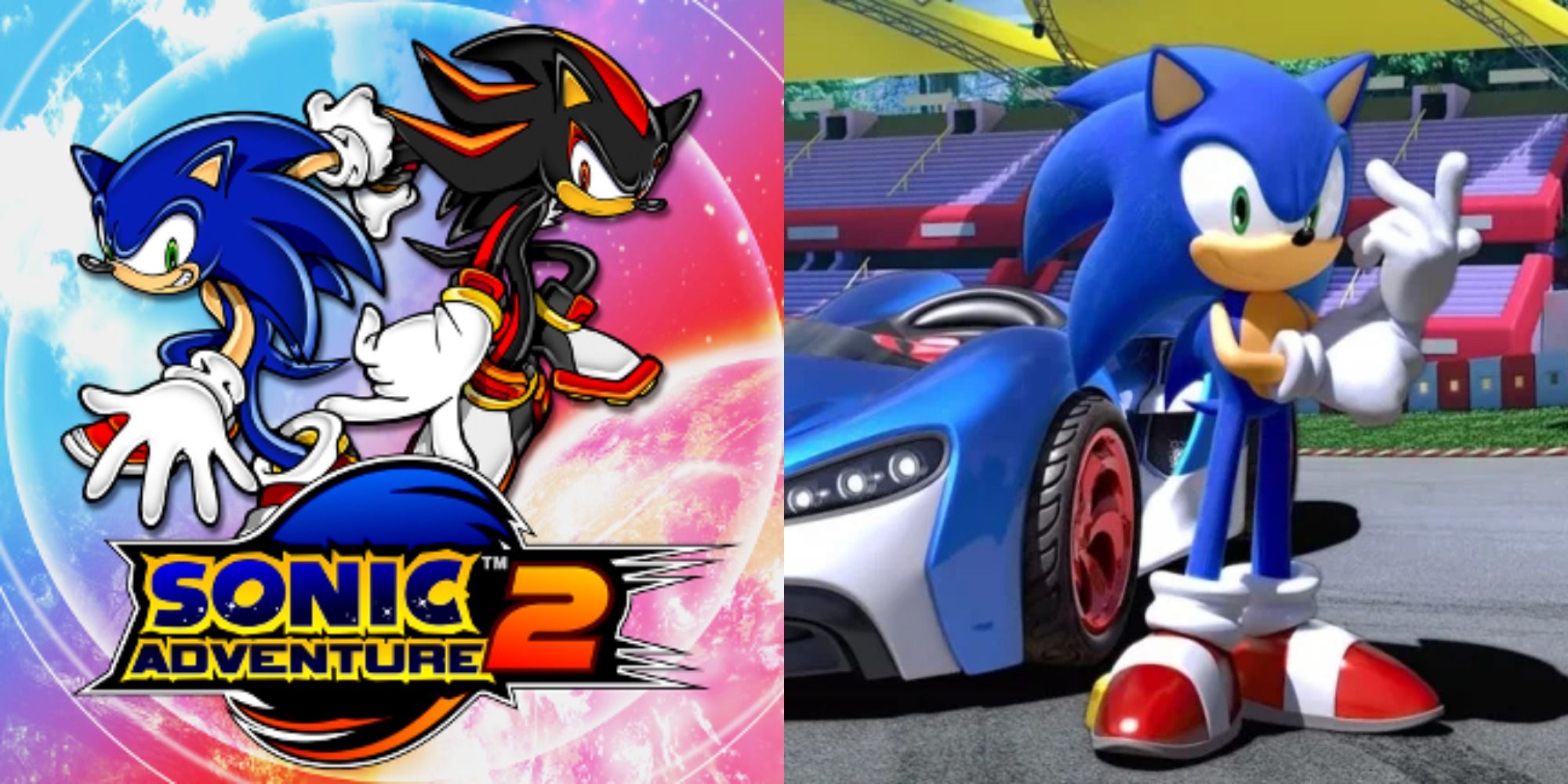 A split image of Sonic and Shadow on the front cover and Sonic standing by a car