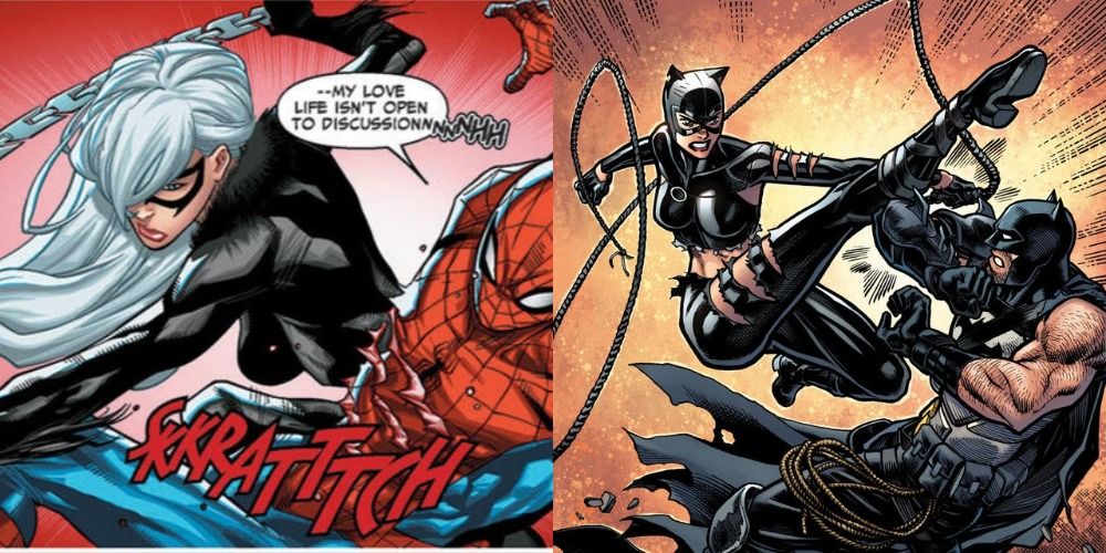 A split image of Spider-Man and Black Cat fighting and Catwoman and Batman fighting