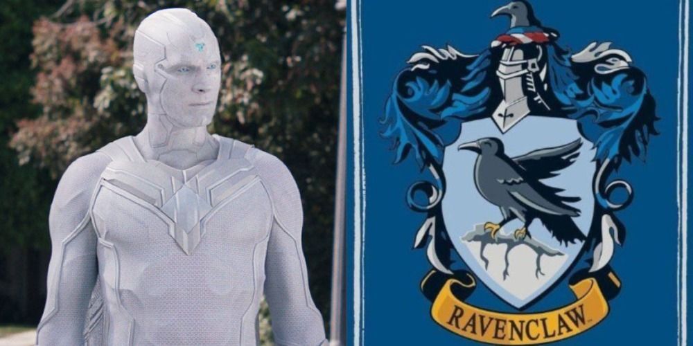 A split image of White Vision and the Ravenclaw logo