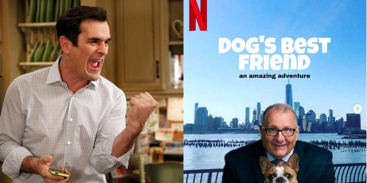 A split image of a Modern Family meme and Phil Dunphy laughing