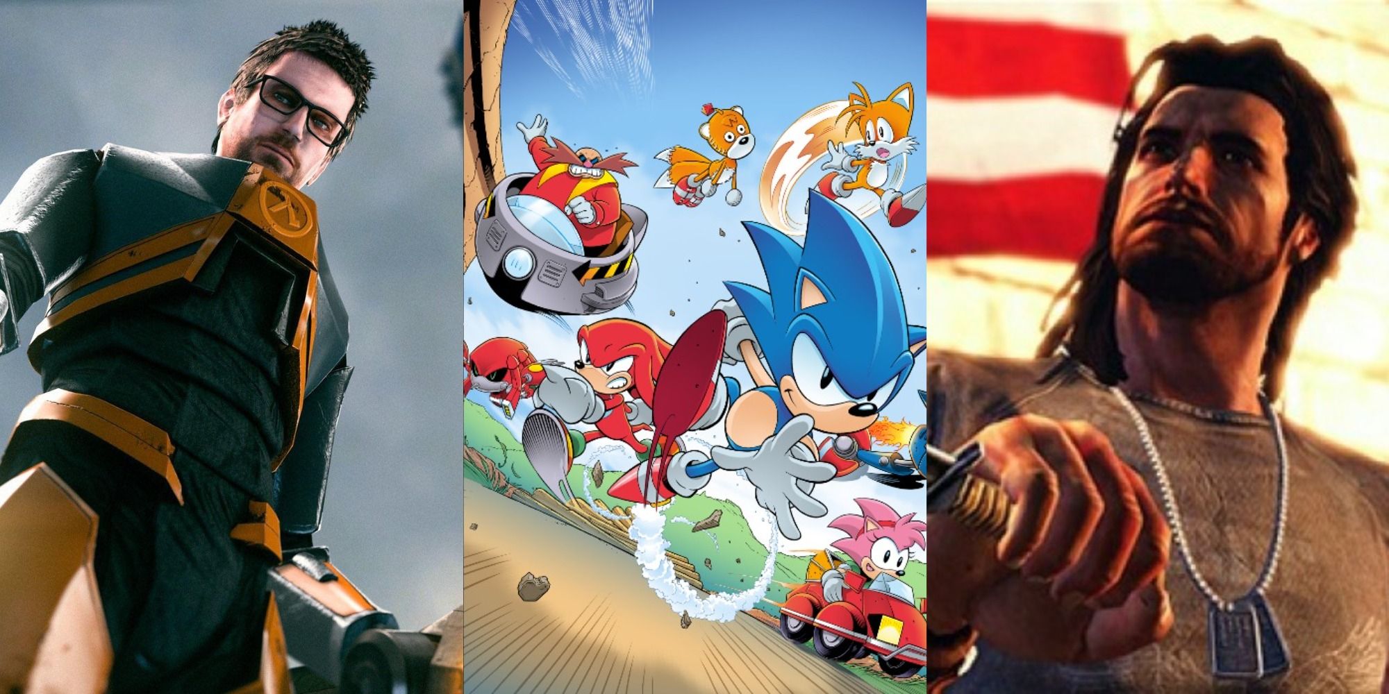 A split image of a character looking at the camera in Hunt Down The Freeman, Sonic The Hedgehog, and a man riding a bike