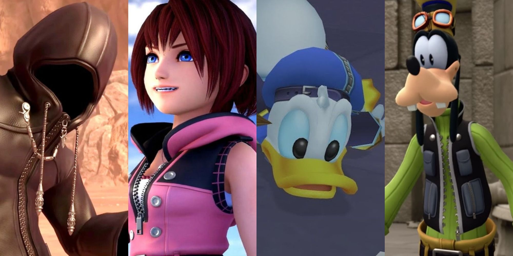 A split image of screenshots from the Kingdom Hearts franchise