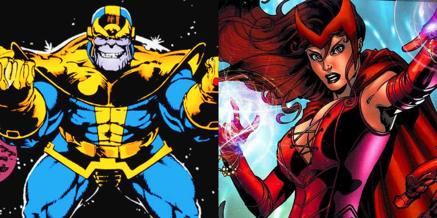 A split screen image of Scarlet Witch and Thanos.