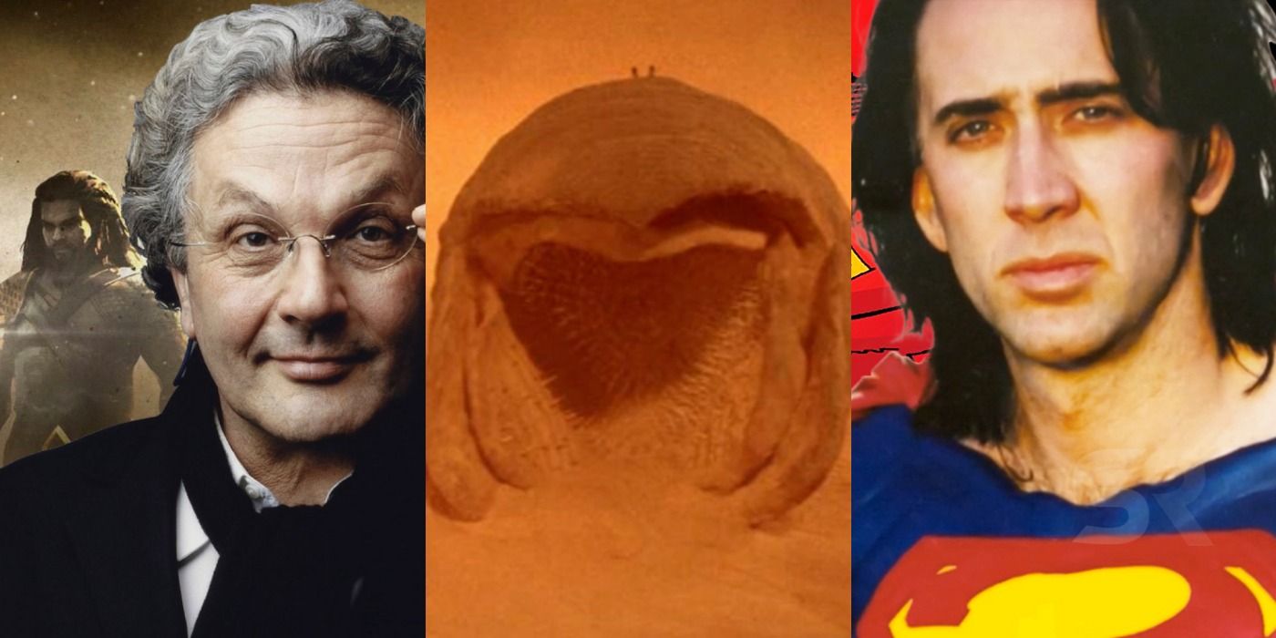 A split screen of Justice League Mortal, Dune, and Superman Lives.