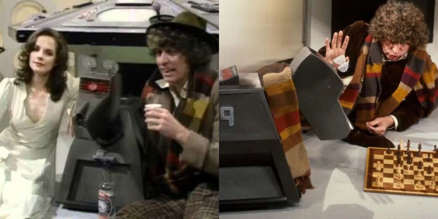 The Fourth Doctor, Romana and K9 sit together in the TARDIS, and the Fourth Doctor and K9 play Chess.