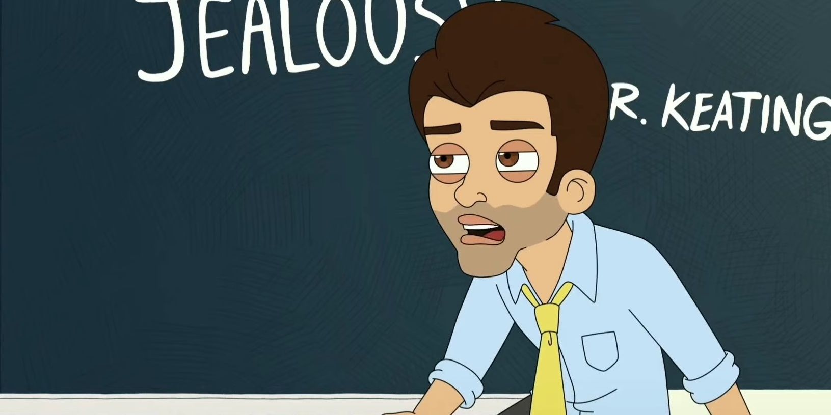 Adam Scott as Dylan Keating teaching class in Big Mouth