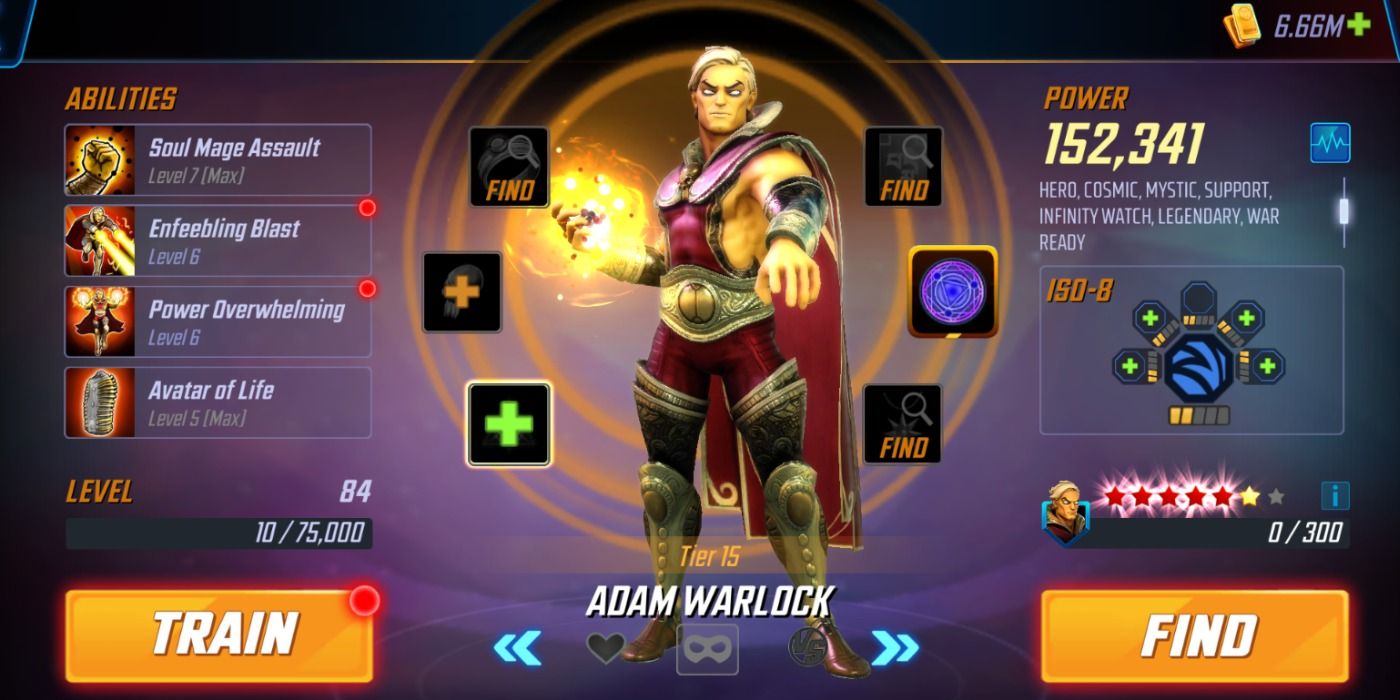 Adam Warlock's roster page in Marvel Strike Force