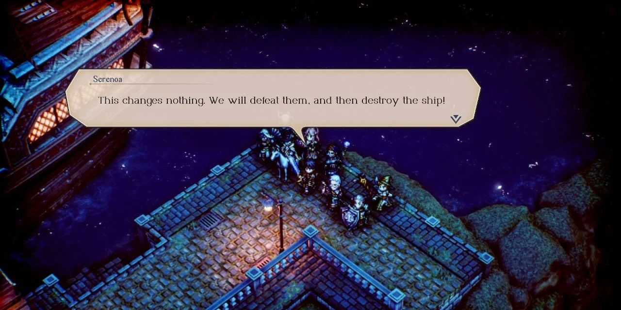 The party before using the Aelfric on the Warship in Triangle Strategy