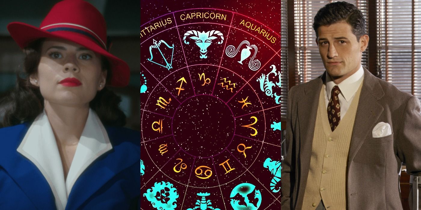 A split image features Peggy Carter and Daniel Sousa on either side of a zodiac wheel